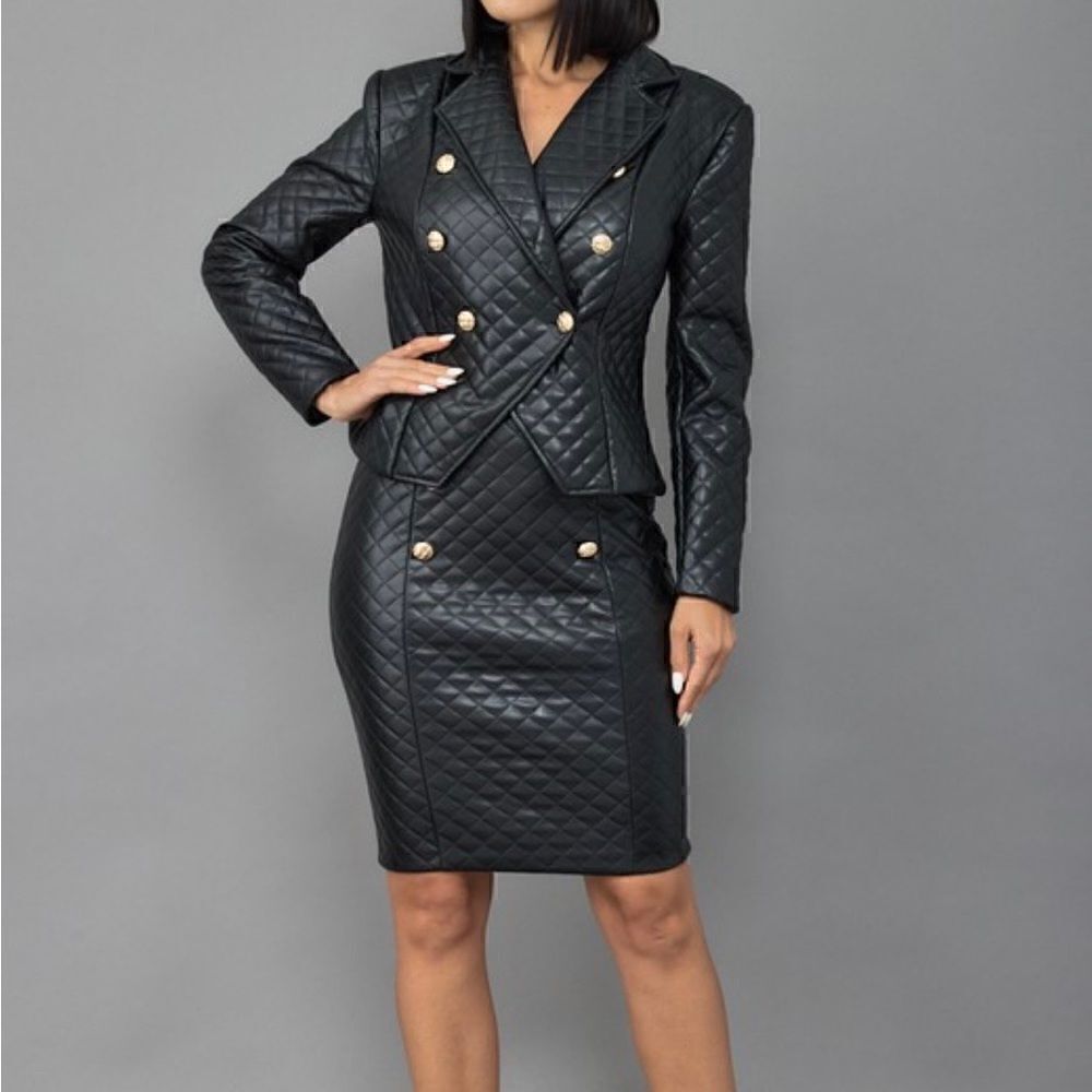 Diamond quilted blazer suit skirt set